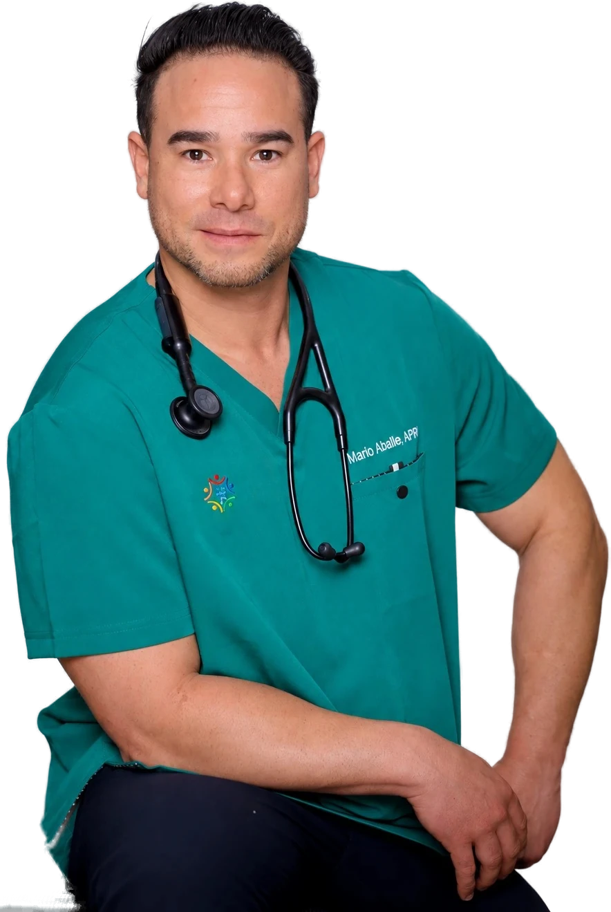 Mario Aballe, APRN in scrubs with a stethoscope